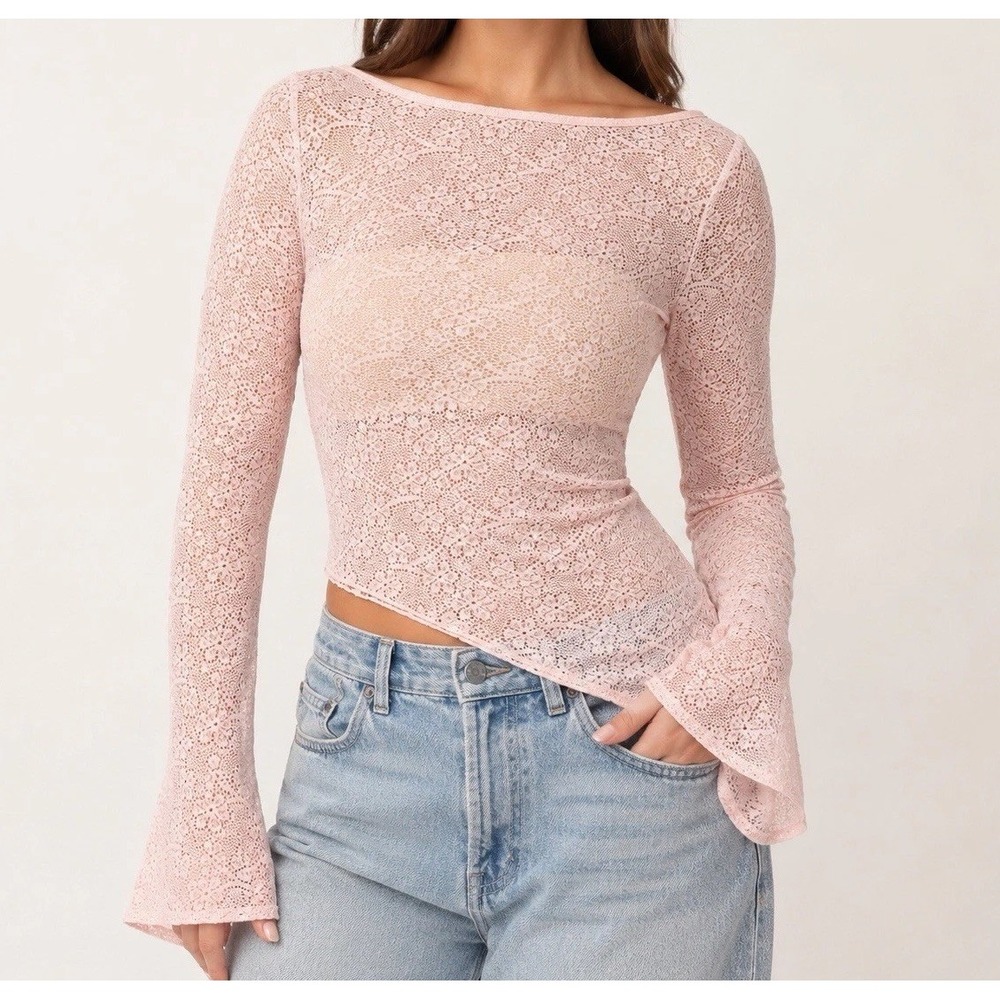 Edikted Mare Women's L Pink Sheer Lace Gem Asymmetric Bell Sleeve Top NWT